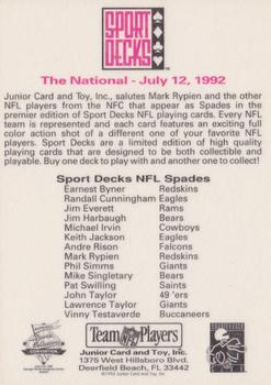 1992 Sport Decks NFL Playing Cards National Sports Card Convention #A♠ Mark Rypien Back