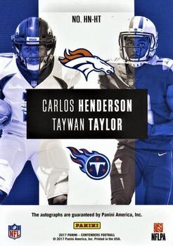 2017 Panini Contenders - Round Numbers Dual Autographs #HN-HT Carlos Henderson / Taywan Taylor Back