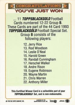 1993 Topps - Black Gold Winners Redeemed/Exchange #B Certified Winner B: 12-22 Back
