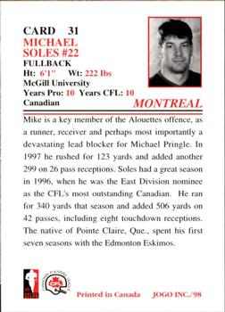 1998 JOGO #31 Michael Soles Back
