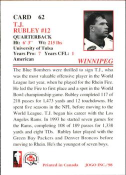 1998 JOGO #62 T.J. Rubley Back