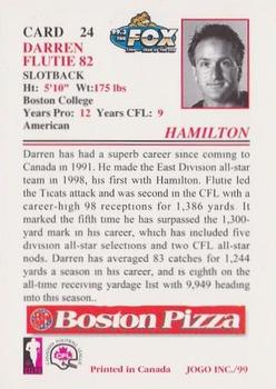 1999 JOGO Boston Pizza #24 Darren Flutie Back
