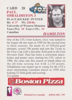 1999 JOGO Boston Pizza #28 Paul Osbaldiston Back