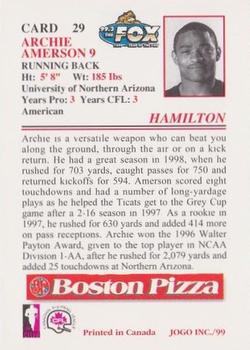 1999 JOGO Boston Pizza #29 Archie Amerson Back