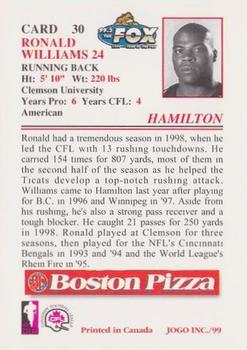 1999 JOGO Boston Pizza #30 Ron Williams Back
