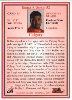 2007 JOGO #53 Bobby S. Singh Back