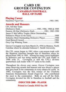 2000 JOGO Hall of Fame E #13E Grover Covington Back