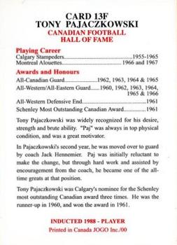 2000 JOGO Hall of Fame F #13F Tony Pajaczkowski Back