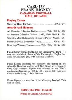 2000 JOGO Hall of Fame F #17F Frank Rigney Back