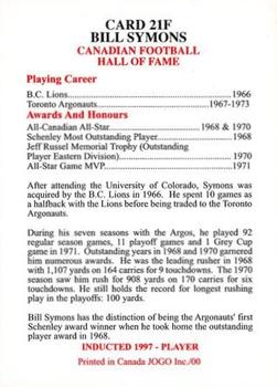 2000 JOGO Hall of Fame F #21F Bill Symons Back