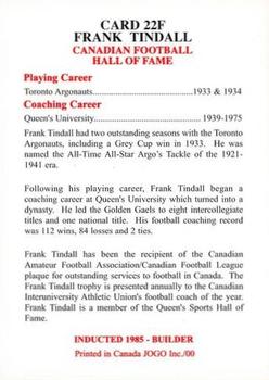 2000 JOGO Hall of Fame F #22F Frank Tindall Back