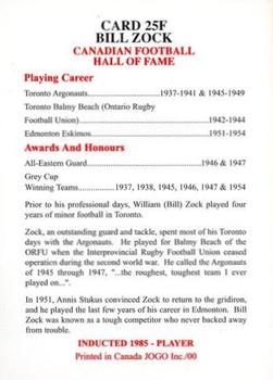 2000 JOGO Hall of Fame F #25F Bill Zock Back