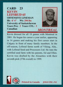 2002 JOGO #23 Kevin Lefsrud Back