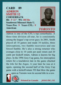2002 JOGO #89 Adrion Smith Back