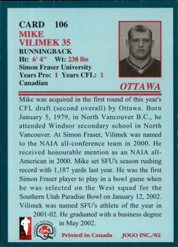 2002 JOGO #106 Mike Vilimek Back