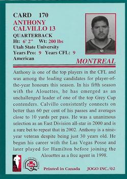 2002 JOGO #170 Anthony Calvillo Back