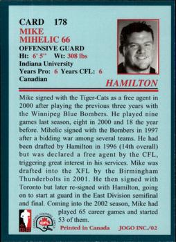 2002 JOGO #178 Mike Mihelic Back