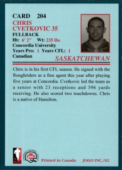 2002 JOGO #204 Chris Cvetkovic Back