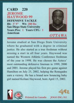 2002 JOGO #220 Jerome Haywood Back