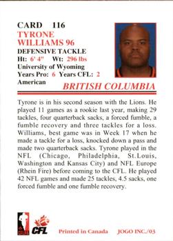2003 JOGO #116 Tyrone Williams Back