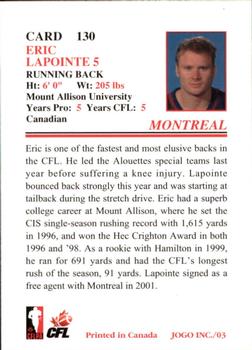 2003 JOGO #130 Eric Lapointe Back