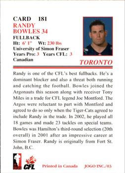 2003 JOGO #181 Randy Bowles Back