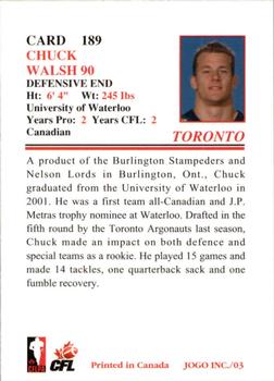 2003 JOGO #189 Chuck Walsh Back