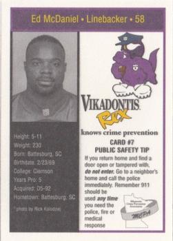 1996 Minnesota Vikings Police #7 Ed McDaniel Back
