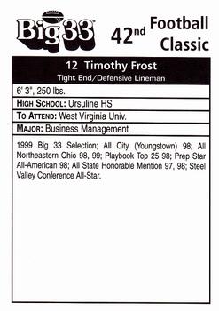 1999 Big 33 Ohio High School #NNO Timothy Frost Back