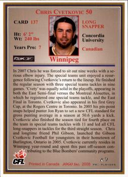 2008 JOGO #137 Chris Cvetkovic Back