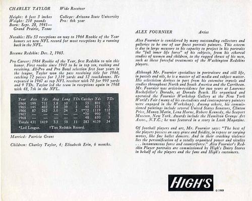 1969 High's Dairy Washington Redskins #NNO Charley Taylor Back