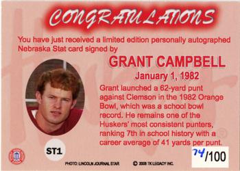 2008 TK Legacy Nebraska Cornhuskers - N-Stat Autographs #ST1 Grant Campbell Back