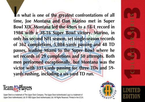 1993 Upper Deck Authenticated Classic Confrontations Super Bowl XIX 4x6 #NNO Dan Marino / Joe Montana Back