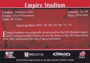 2012 Extreme Sports CFL Grey Cup 100 Years #NNO Empire Stadium Back