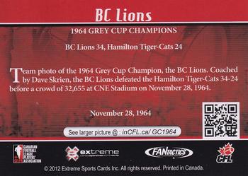 2012 Extreme Sports CFL Grey Cup 100 Years #NNO 1964 BC Lions Back