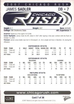 2007 MultiAd Chicago Rush (AFL) #7 James Sadler Back