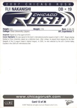 2007 MultiAd Chicago Rush (AFL) #13 Rui Nakanishi Back