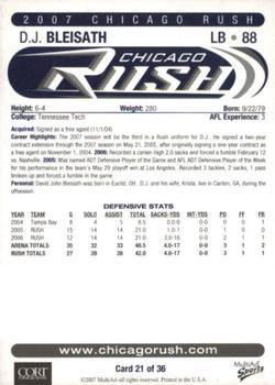 2007 MultiAd Chicago Rush (AFL) #21 D.J. Bleisath Back