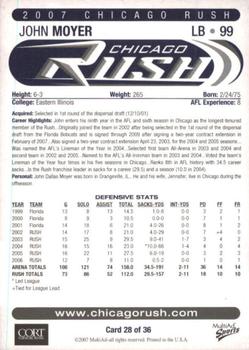 2007 MultiAd Chicago Rush (AFL) #28 John Moyer Back