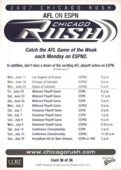2007 MultiAd Chicago Rush (AFL) #36 Team Schedule Back