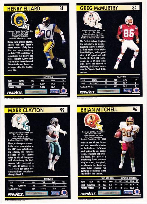 1991 Pinnacle - Promo Panels #81 / 84 / 96 / 99 Greg McMurtry / Henry Ellard / Brian Mitchell / Mark Clayton Back