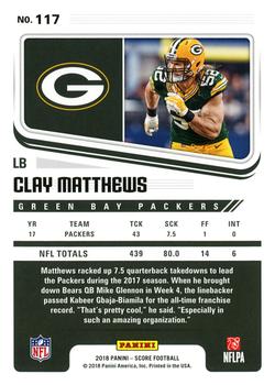 2018 Score #117 Clay Matthews Back