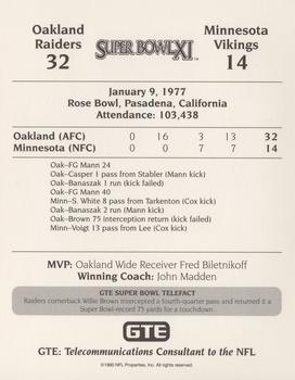 1991 GTE Super Bowl Theme Art #11 Super Bowl XI Back