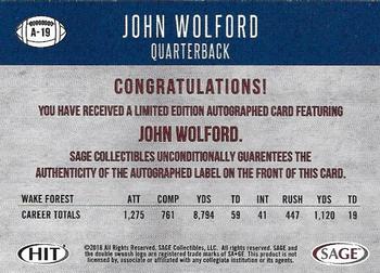 2018 SAGE HIT - Autographs Black #A-19 John Wolford Back
