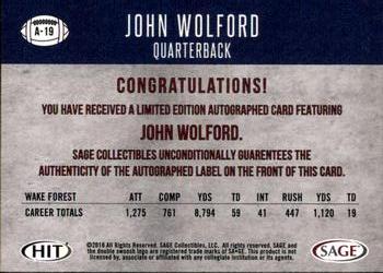 2018 SAGE HIT - Autographs Gold #A-19 John Wolford Back