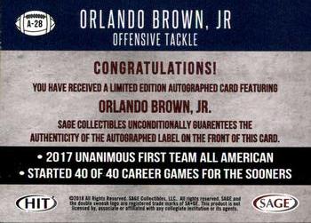 2018 SAGE HIT - Autographs Gold #A-28 Orlando Brown Jr. Back