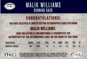 2018 SAGE HIT - Autographs Gold #A-40 Malik Williams Back