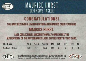 2018 SAGE HIT - Autographs Gold #A-65 Maurice Hurst Jr. Back