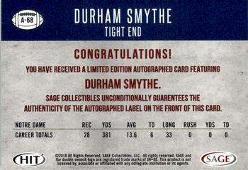 2018 SAGE HIT - Autographs Red #A-68 Durham Smythe Back