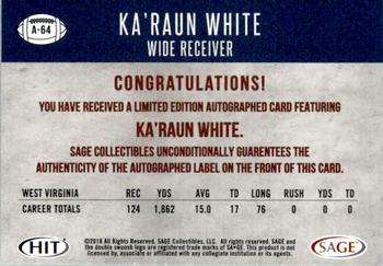 2018 SAGE HIT - Autographs Red #A-64 Ka'Raun White Back